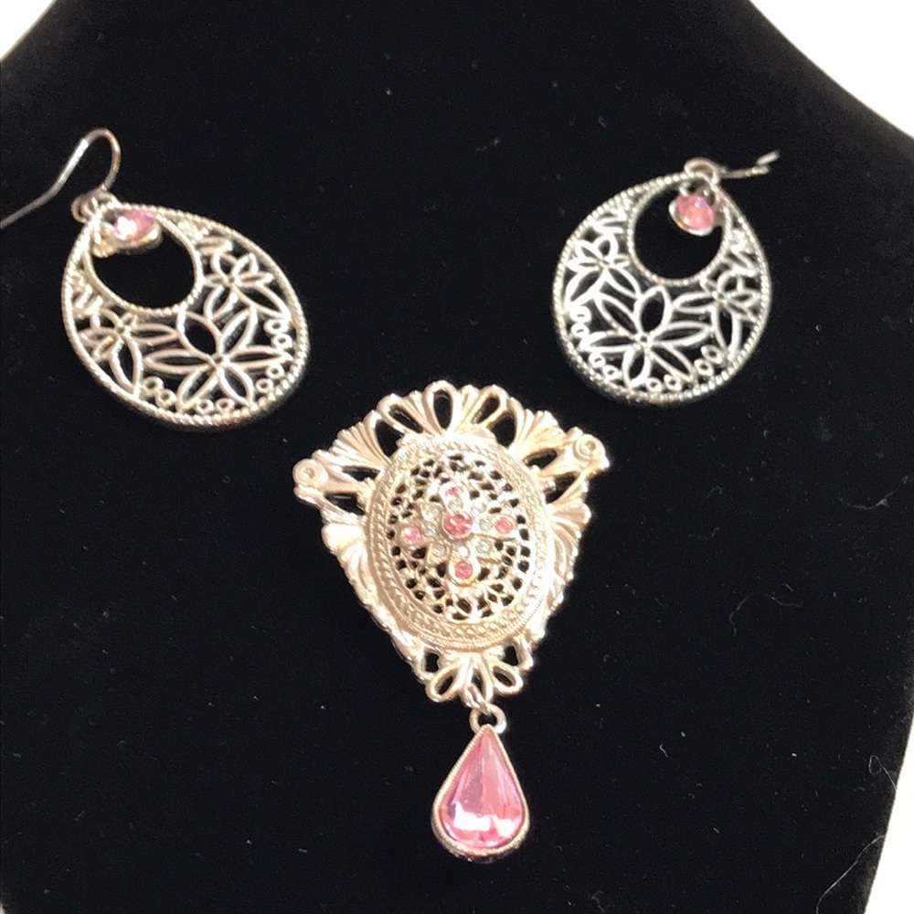 Silver Pink Stone Brooche and Dangle Earrings